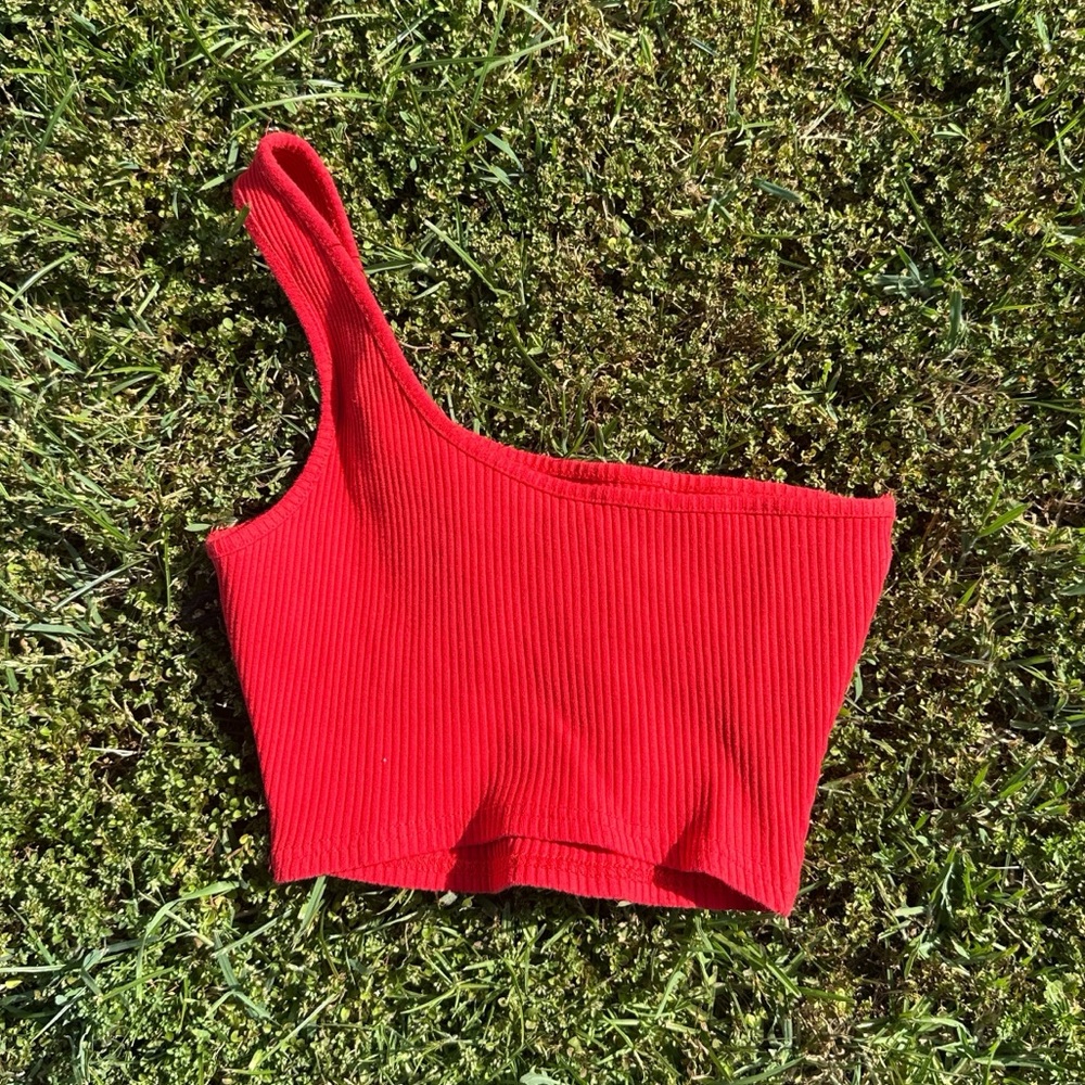 Red One-Shoulder Ribbed Crop Top - Women
